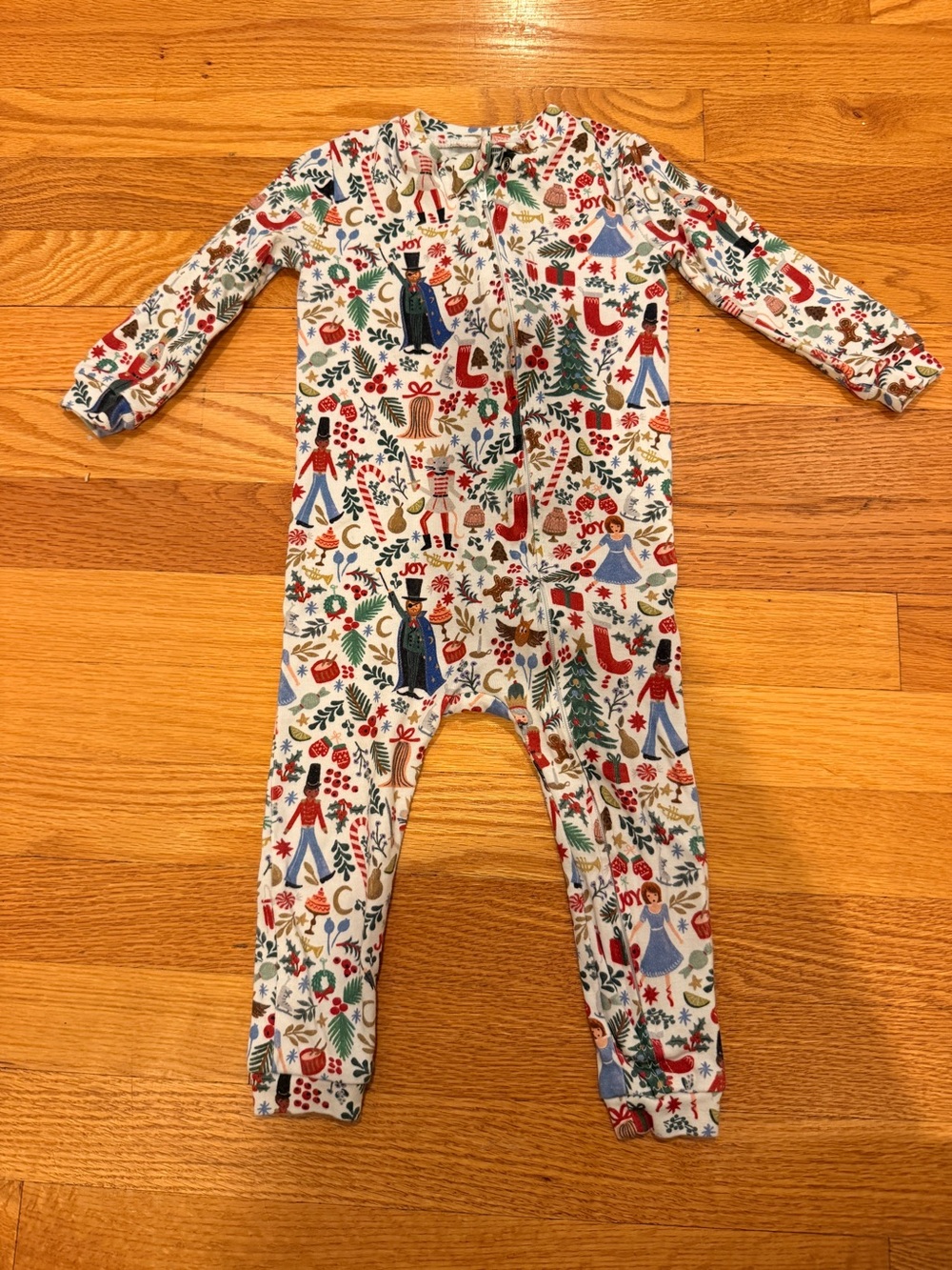 Pottery Barn Kids White Multi Holiday Print Long-Sleeve One-Piece